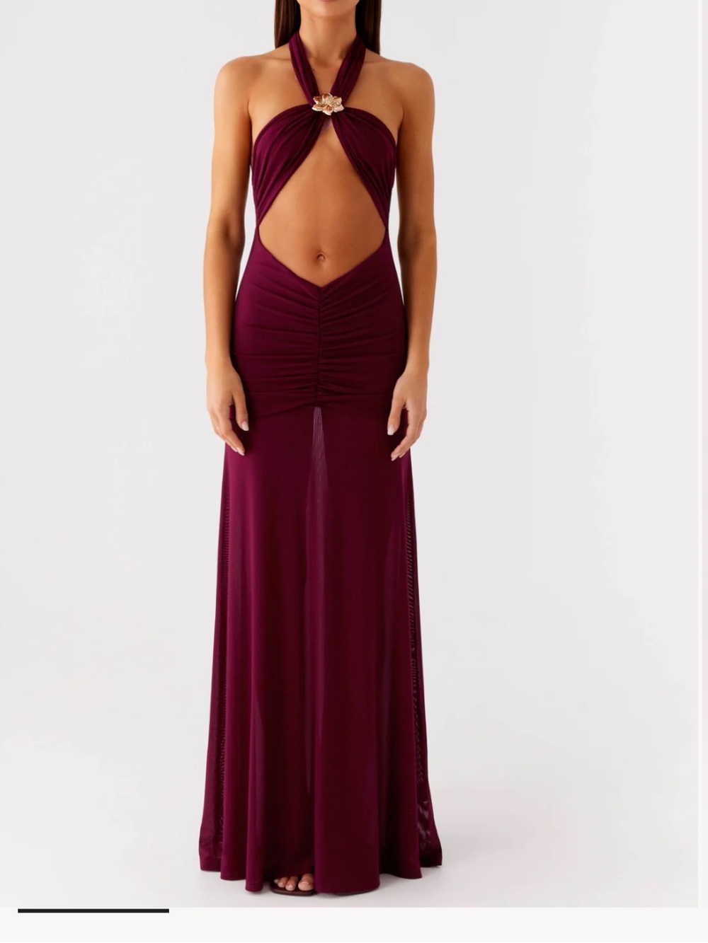 Deltina Halter Maxi Dress in Boysenberry cut out gold brooch’s